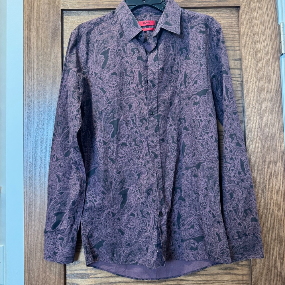 HUGO Men's Purple Paisley Long-Sleeve Button-Down Shirt